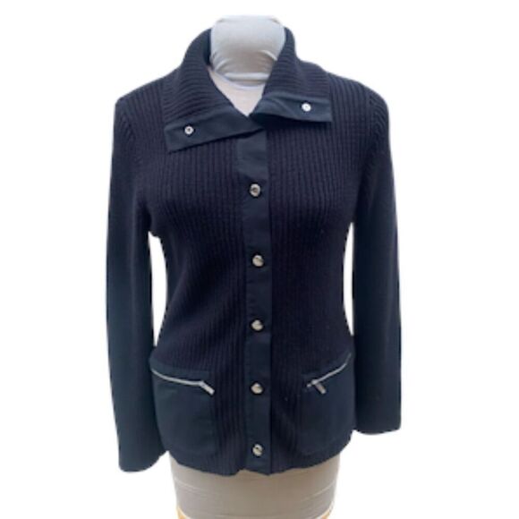 Jones New York Sport Cardigan Black Snap Front Zip Pockets Sz. L - Picture 5 of 10